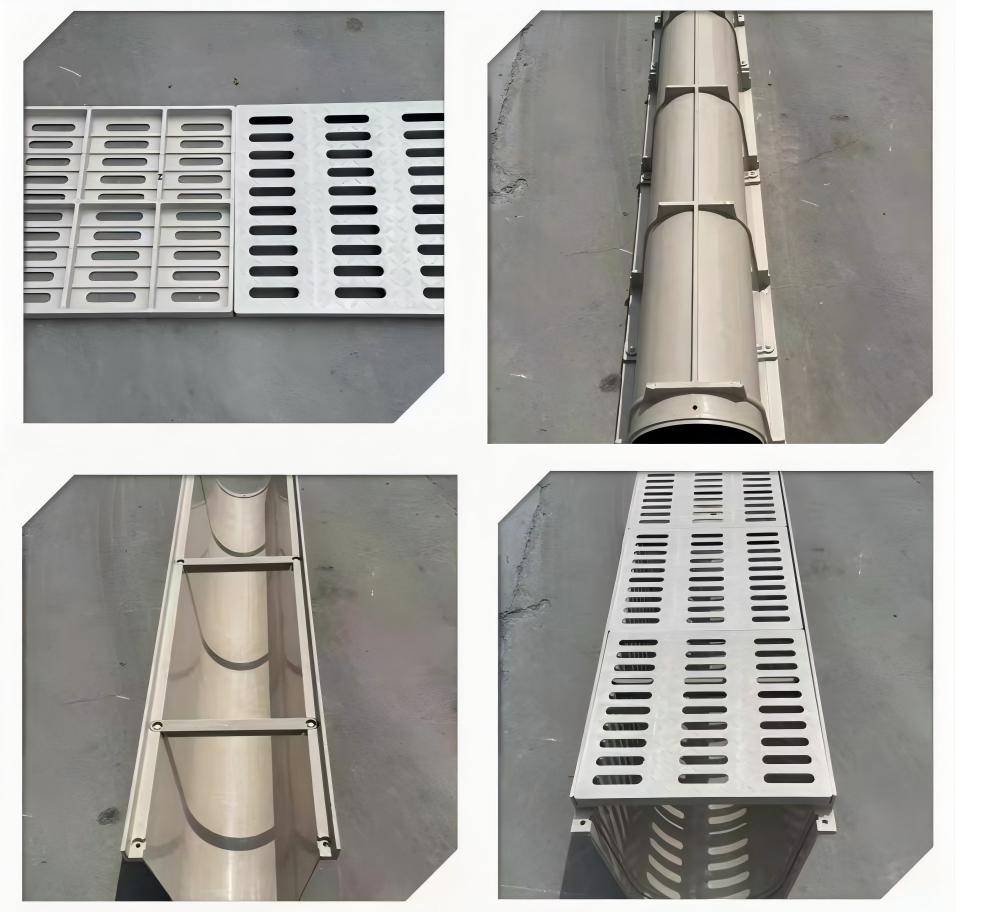 Fiberglass drainage channel, multi-angle detail