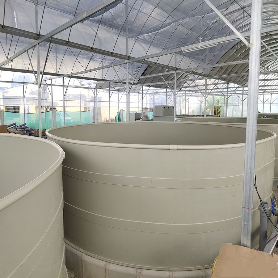 Newly built PP fish tank in light beige PP sheet inside a greenhouse